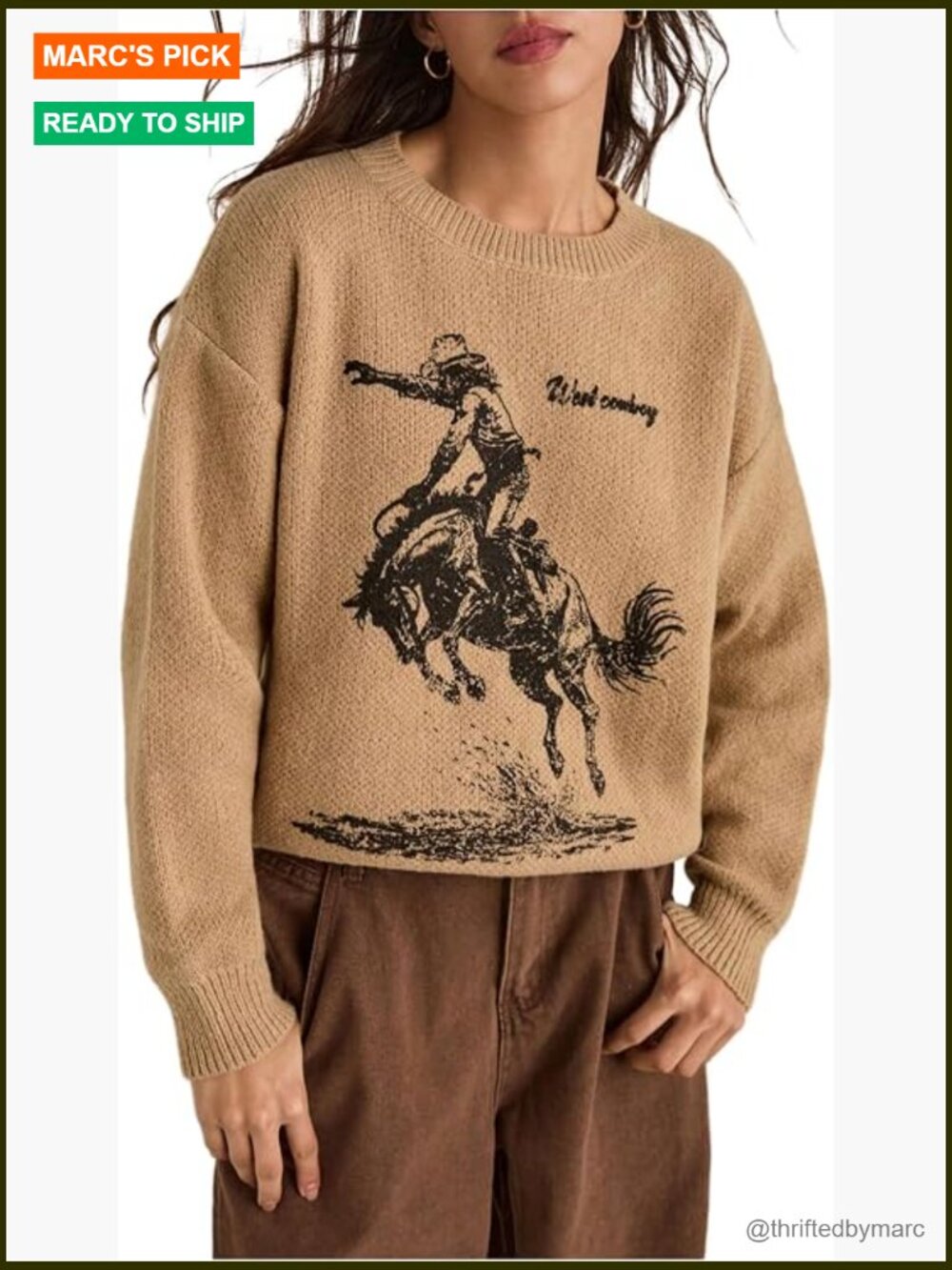 Vintage Cowboy Knit Pullover Sweater Long Sleeve Cowgirl Top
